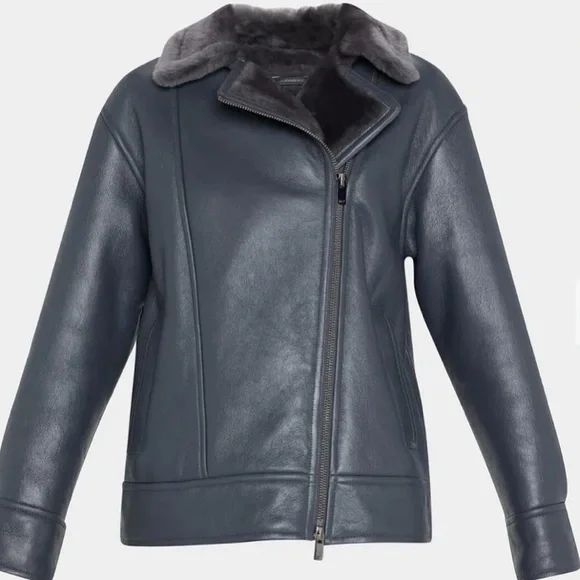 NEW Theory Oversized Shiny Shearling Moto Leather Jacket - Picture 3 of 6